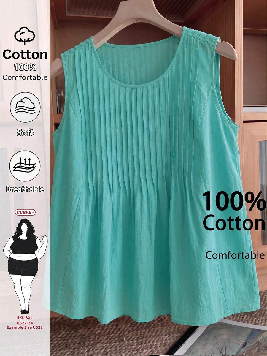 SHEIN CURVE+ 大码女式休闲褶皱无袖白色纯棉上衣 - 藍色 - 查看 1