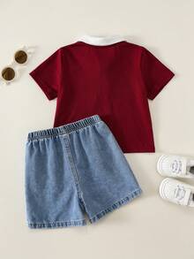 SHEIN 2件/組 嬰兒男童夏季休閒可愛紅色 Polo 衫 & 藍色牛仔短褲，Polo 套裝，牛仔套裝，可愛套裝，正式套裝，嬰兒男童套裝 - 彩色 - 查看 3