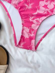Bộ bikini dệt họa tiết hoa cho bé gái và thiếu nữ với trang trí nơ, đồ bơi một mảnh cổ yếm kèm váy che, đồ bơi đi biển mùa hè - Màu Hồng Tươi - Xem 6