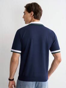 Manfinity Homme 男士休闲撞色滚边 Polo 领短袖针织衫，夏季 - 藏蓝色 - 查看 5