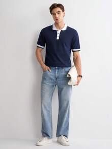 Manfinity Homme 男士休闲撞色滚边 Polo 领短袖针织衫，夏季 - 藏蓝色 - 查看 3