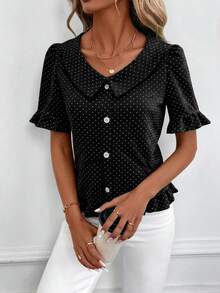 SHEIN Clasi 女士纯色前开襟短袖休闲上衣，日常穿着，外出上衣，夏季女装 - 黑與白 - 查看 6
