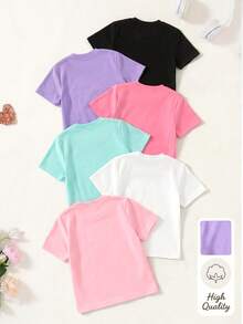SHEIN 6 Stücke Mädchen Casual Komfortable Unifarben Rundhals Kurzarm T-Shirt Set, Sommer, ideales Geschenk für Mädchen Oberteile Kinder - Verschiedenfarbig - Übersicht 2