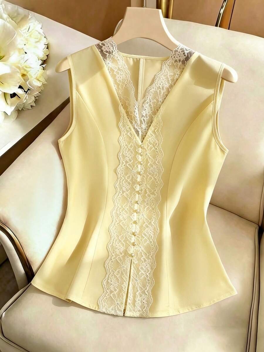 GlowEve Women's Sleeveless Lace Patchwork White Fitted Shirt, Elegant Button Front Closure, Fashionable - Yellow - View 1
