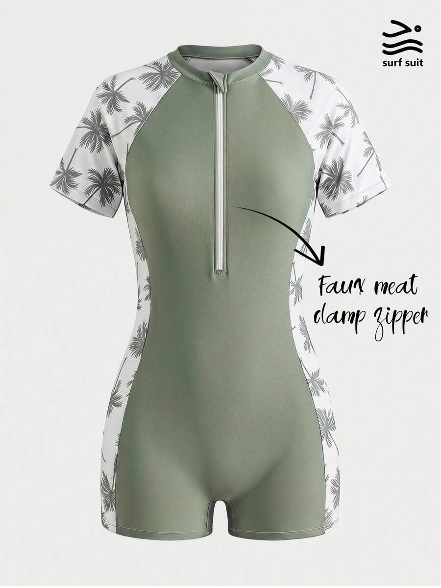 SHEIN 青少年女孩綠葉印花拉鍊短袖連身泳衣 - 綠色 - 查看 1