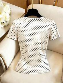 GlowEve Beige,Summer,Elegant,Date,Polka Dot Print Satin Beaded Collar,Front Delicate Butterfly & Lace Trim Waist Fitted Short Sleeve Knit T-Shirt For Women - Multicolor - View 2