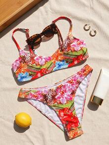 Swim Vcay Set de 2 piezas Conjunto de playa para mujer, moda lindo y sexy para vacaciones, fiesta en la piscina o en la playa, con estampado floral aleatorio/retro, top corto con tirantes ajustables y Bottom de bikini, primavera/verano - Multicolor - View 4