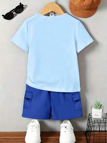 1 Set Young Boys' Casual Cool Six Seven 67 Robot Graphic Short Sleeve T-Shirt And Cargo Shorts Outfit, Suitable For Outing And Street Wear, Blue Set - Multicolor - View 2