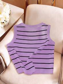 GlowEve Women's Striped Crew Neck Casual Versatile Daily Wear Top - Mauve Purple - View 2