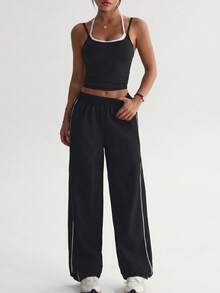 Easithlete Plus Size Women Contrast Trim Camisole Top And Elastic Waist Pants Sports Suit - Black and White - View 6