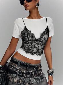 LYSMO Women's Solid Color Spaghetti Strap Lace Sexy Fitted Cropped Camisole - Black - View 9