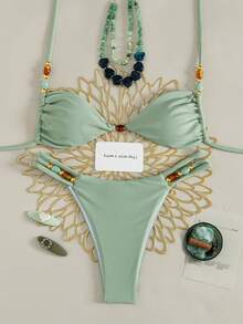 Swim Vcay 女款綠色珠飾純色兩件式泳衣，性感海灘度假泳裝套裝 - 綠色 - 查看 7