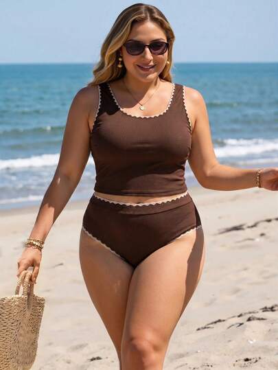 Swim Lushoire Áo bikini nữ size lớn phối viền màu tương phản cho mùa hè đi biển