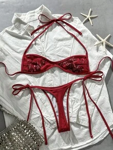 Costavie Bộ bikini 2 món Swim SXY gồm áo bandeau cổ yếm họa tiết hoa đính sequin vân nổi và quần thong buộc dây hai bên, đồ bơi gợi cảm cho kỳ nghỉ bãi biển mùa xuân/hè - Màu Đỏ Sâu - Xem 10