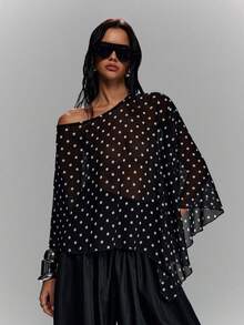 LYSMO 2026 New Minimalist Spring/Summer Women's Sheer Polka Dot Print Shawl Top, Sexy For Summer/ Summer Tops /Festival Outfits For Women / Festa Junina /Festa Junina Women's Clothing/Party Top/Beach Outfit For Women /Going Out Tops For Women /Casual Blouses For Women /Holiday Outfits For Women/Women's Country Clothing /Social Blouse /Polka Dot Top /Black Tops - Black and White - View 3