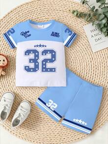 2pcs/Set Baby Boy Street Casual Sports Logo & Number 32 Print Contrast Color Short Sleeve Top & Shorts Set, Suitable For Outdoor Wear In Summer - Multicolor - View 3
