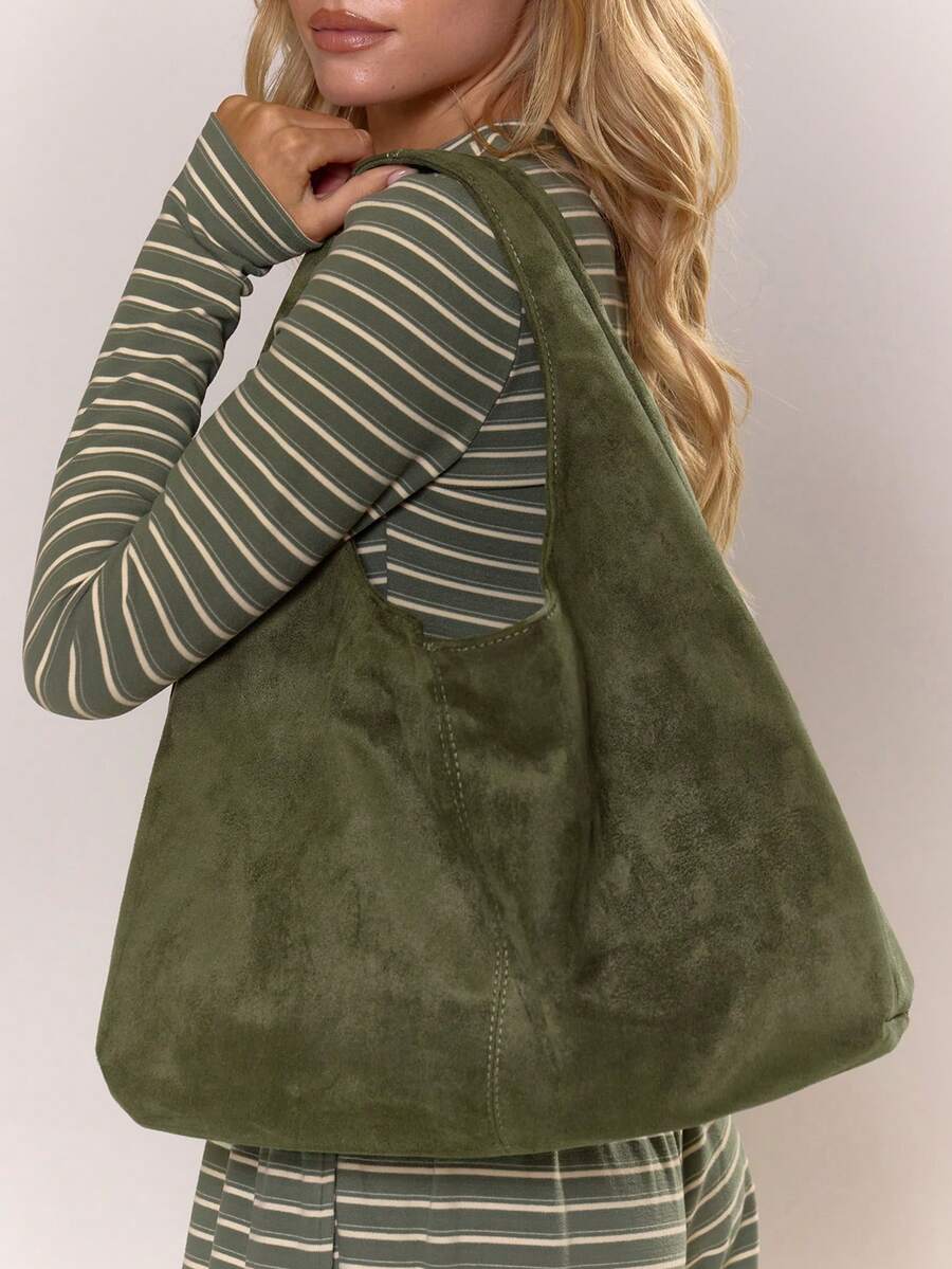 MUSERA Tas Bahu Longgar Suede Imitasi, Tas Suede Modis Terbaru untuk Wanita, Sangat Cocok Dipadukan dengan Pakaian Musim Gugur Wanita - Hijau - View 1