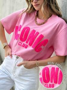DrmWander Plus Size Women Letter Print Round Neck Short Sleeve Casual T-Shirt - Pink - View 1