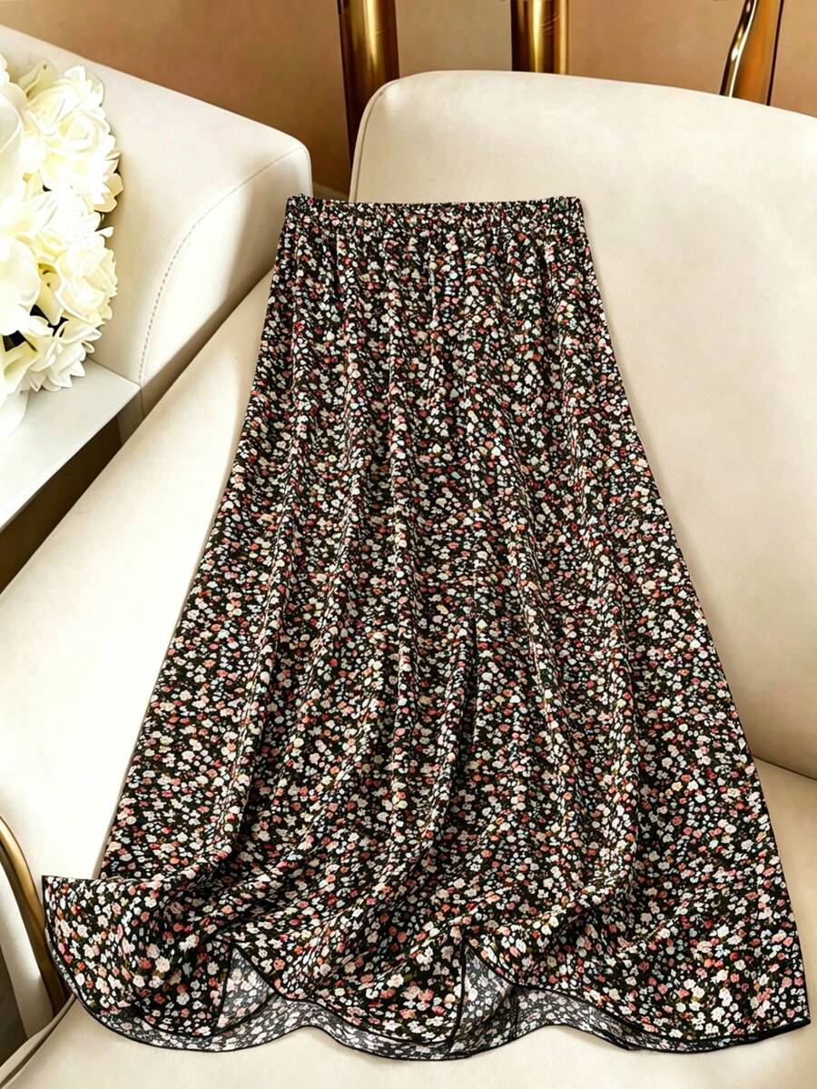 GlowEve Women's Elastic Waist Summer Elegant Vacation Style Ditsy Floral Skirt Maxi Women Skirt - Black - View 1