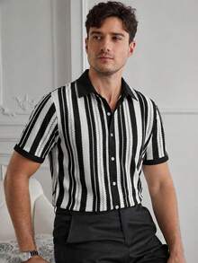 Manfinity CasualCool Men's Comfortable Versatile Summer Striped Textured Shirt - Black - View 3