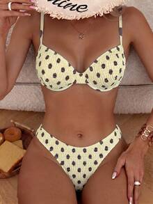 Swim Vcay Women's Polka Dot Print Bikini Swimwear, Random Print Pattern, For Beach & Holiday - Yellow - View 1