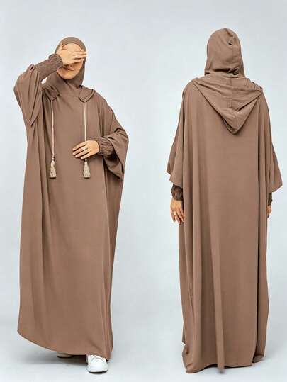 Al Najma Solid Color Hooded Collar Fringe Decor Elegant Conservative Long Sleeve Prayer Dress