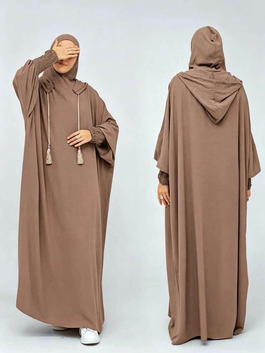 Al Najma Solid Color Loose Hooded Jilbab Abaya - Khaki - View 1