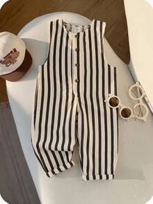 SHEIN Bộ romper không tay kẻ sọc phong cách thường ngày dễ thương cho bé trai sơ sinh, bộ romper trẻ em đáng yêu - Nhiều màu - Xem 1