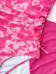 Bộ bikini dệt họa tiết hoa cho bé gái và thiếu nữ với trang trí nơ, đồ bơi một mảnh cổ yếm kèm váy che, đồ bơi đi biển mùa hè - Màu Hồng Tươi - Xem 4