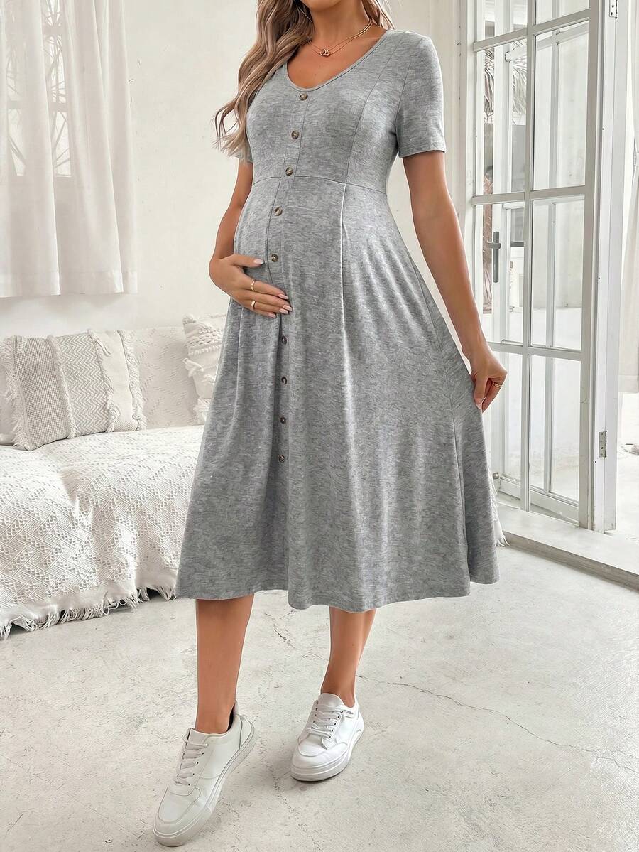 Cheriluna Maternity 女款優雅V領短袖A字版扣飾孕婦洋裝,夏季 - 灰色 - 查看 1