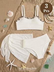 Cozy Pixies Young Girl Tassel Decorated Bikini Set, Beach Vacation - Beige - View 1