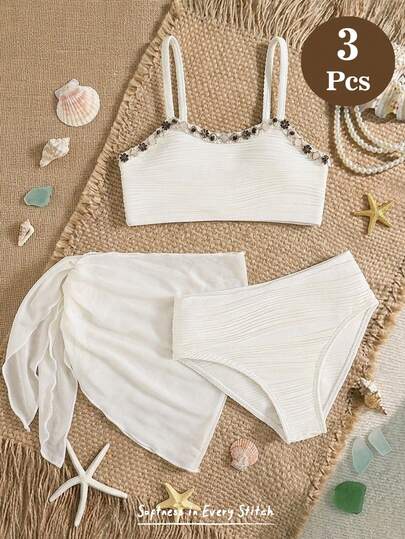 Cozy Pixies Young Girl Tassel Decorated Bikini Set, Beach Vacation