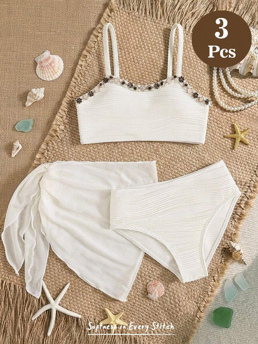 Cozy Pixies Young Girl Tassel Decorated Bikini Set, Beach Vacation - Beige - View 1