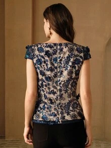 Anewsta Elegant Embroidered Floral Beaded Top For Women - Navy Blue - View 2
