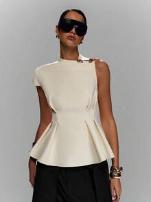 LYSMO Women's Elegant Casual Metal Buckle Waist Pleated Top Office Business Off-White Summer - Beige - View 7