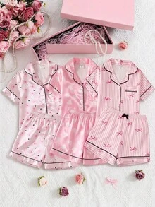 SHEIN 女童蝴蝶结印花上衣和裤子睡衣套装 - 彩色 - 查看 2
