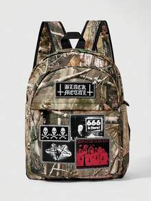 ROMWE 1Pc Dark Goth Style Leaf Camouflage Print Rivet Embroidered Cross Skull Head Letter Design Multi-Pocket Large-Capacity Backpack, Subculture Rock Unisex Backpack, Suitable For Commuting, School, Travel, Etc - Camouflage green - View 1