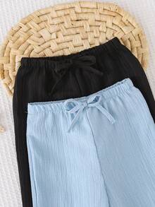 Cozy Pixies 2pcs Baby Girl/Boy Crinkle Texture Loose Wide Leg Pants, Straight Leg Trousers, Versatile Casual Pants, Multiple Pieces, Vacation Style - Baby Blue - View 3