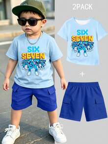 1 Set Young Boys' Casual Cool Six Seven 67 Robot Graphic Short Sleeve T-Shirt And Cargo Shorts Outfit, Suitable For Outing And Street Wear, Blue Set - Multicolor - View 1