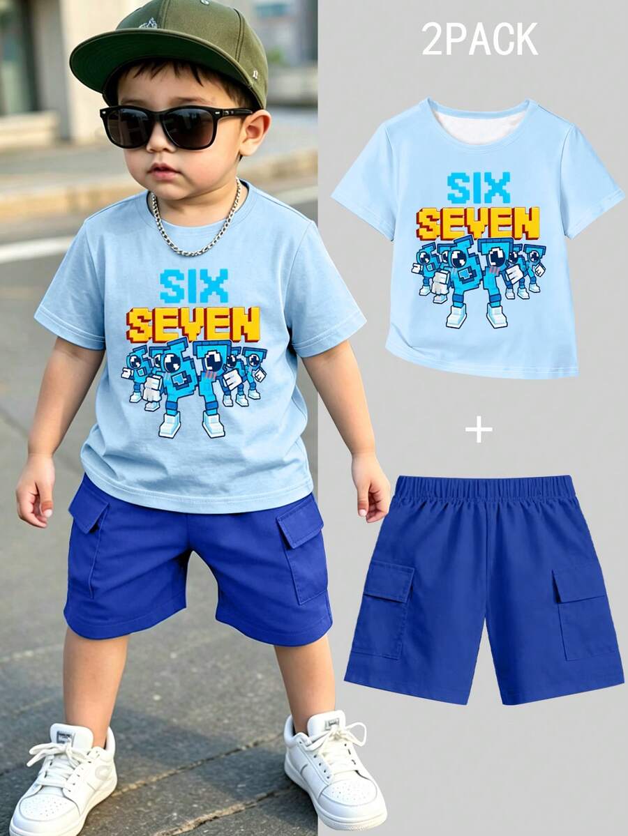 1 Set Young Boys' Casual Cool Six Seven 67 Robot Graphic Short Sleeve T-Shirt And Cargo Shorts Outfit, Suitable For Outing And Street Wear, Blue Set - Multicolor - View 1