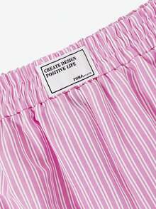 SHEIN CURVE+ Pantalones cortos de talla grande para mujer, de cintura alta, sueltos, con estampado de rayas y cintura elástica - Rosa - Ver 4