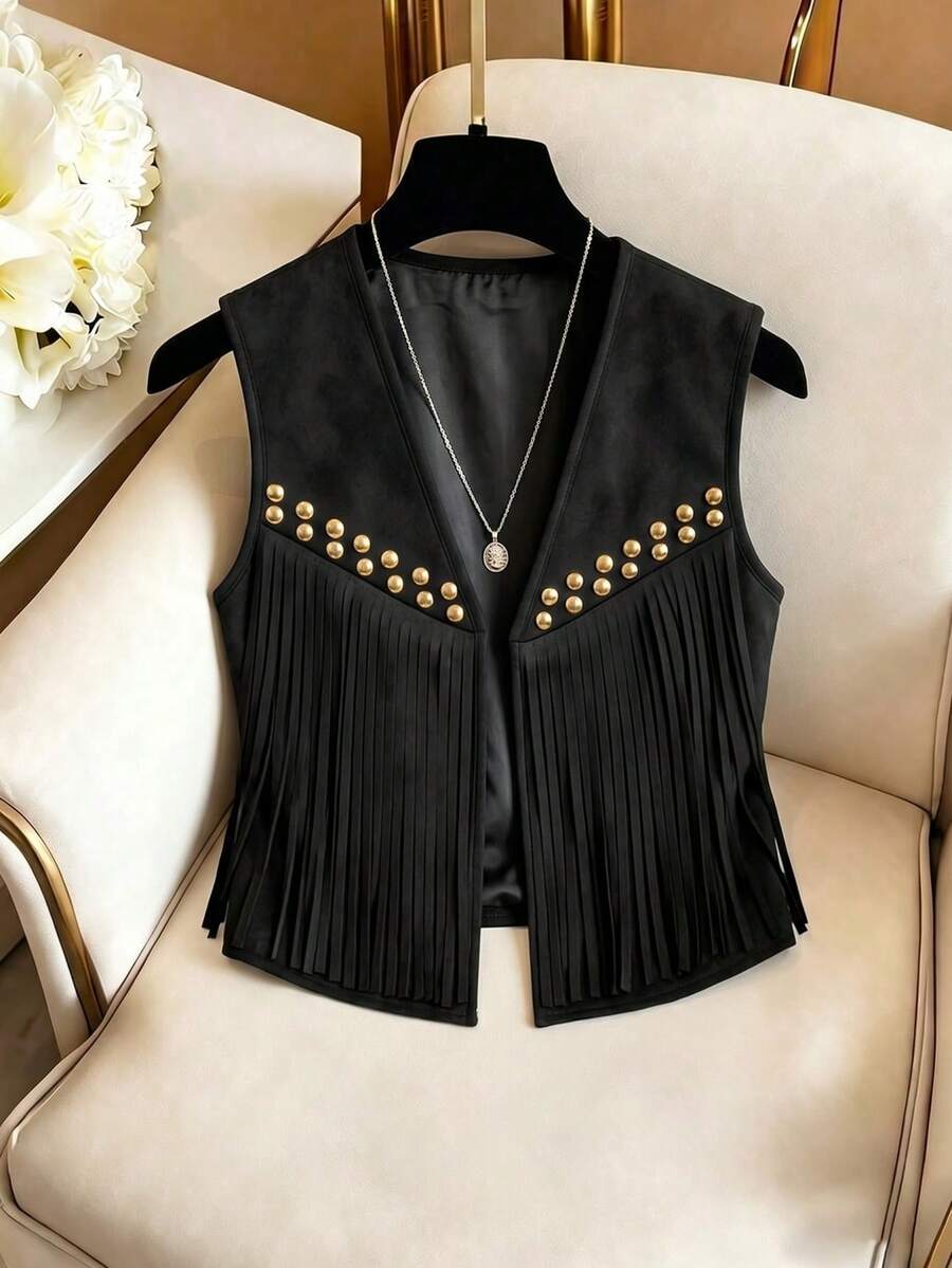 Yalmera Women's Suede Fringe Rivet Decor Boho Casual Jacket, Versatile For Daily, Vacation, Business, Beige, Sleeveless, Early Spring/Spring & Summer - Black - View 1