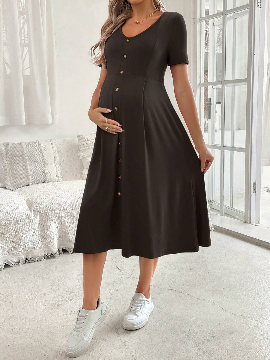 Cheriluna Maternity 女款優雅孕婦簡約V領短袖A字鈕扣裝飾洋裝,夏季拍照棕色 - 咖啡棕 - 查看 1