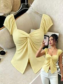 GlowEve Women's Knitted Striped Floral Jacquard Elastic Scoop Neck Twist Front Split Shoulder Short Sleeve Backless Casual Daily Versatile T-Shirt, Summer - Yellow - View 4