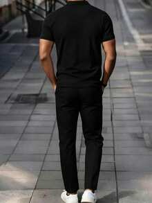 Manfinity Homme Front Button Closure Casual Short Sleeve Outfit - Black - View 2