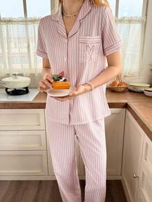 Snug Reverie Classic Striped Collar Short Sleeve Pajama Set - Baby Pink - View 3