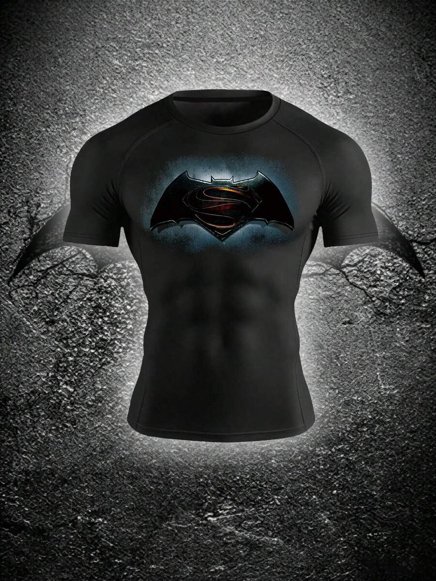 BATMAN X SHEIN RISE LYT Men's Minimalist Printed Round Neck Short Sleeve Sports T-Shirt, Gym - Black - View 1
