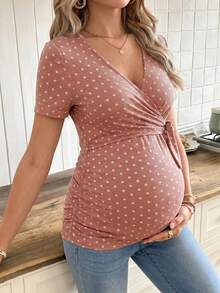 SHEIN Casual Elegant Tie Bow Polka Dot Print Maternity T-Shirt - Baby Pink - View 3