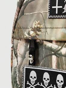 ROMWE 1Pc Dark Goth Style Leaf Camouflage Print Rivet Embroidered Cross Skull Head Letter Design Multi-Pocket Large-Capacity Backpack, Subculture Rock Unisex Backpack, Suitable For Commuting, School, Travel, Etc - Camouflage green - View 10
