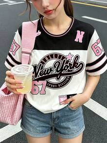 春夏季青少年女孩休閒時尚創意個性清新極簡時髦 No.67 徽章紐約星條紋黑米色拼接字母口號圖案印花T恤，舒適日常穿著，適合春、夏、秋季 - 彩色 - 查看 5